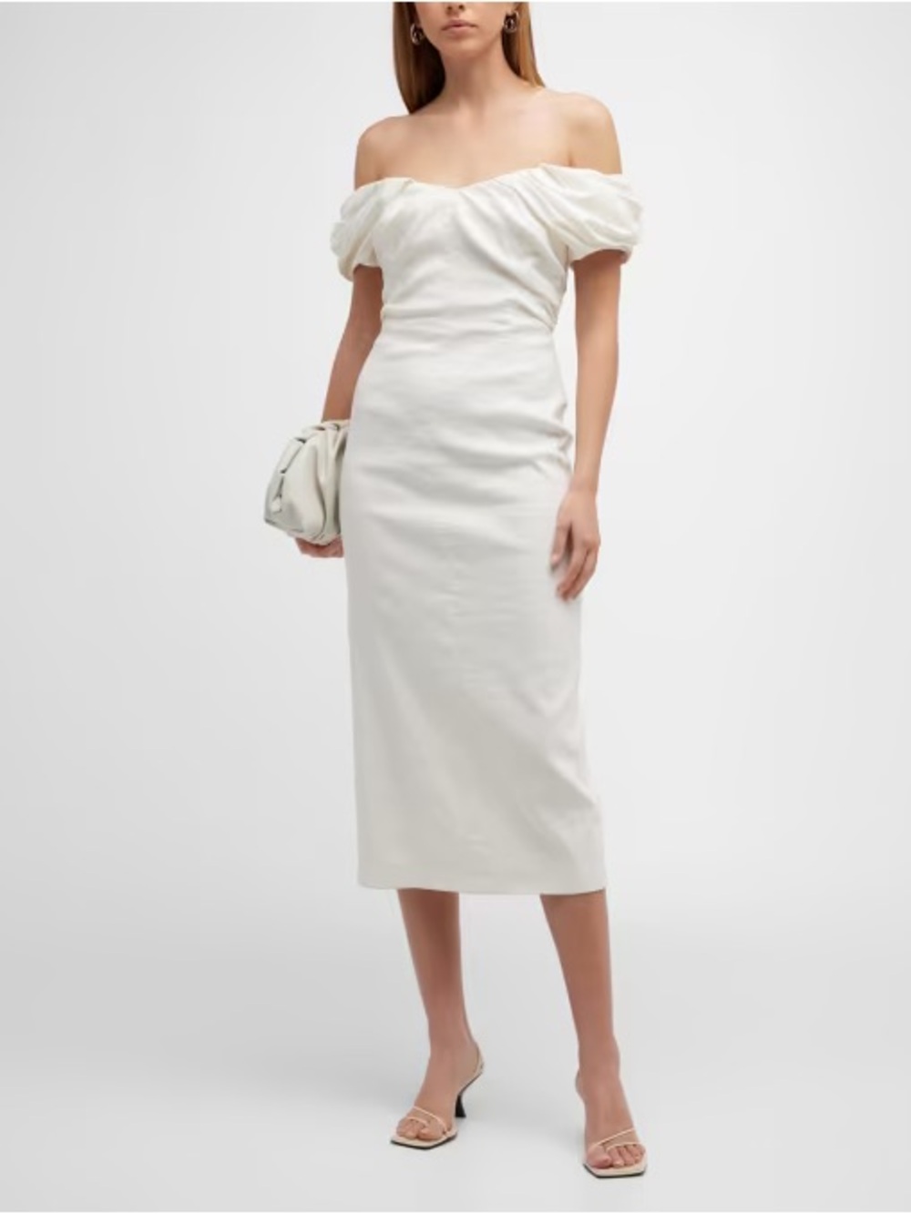 ALC Off-Shoulder White Midi Dress with Puff Sleeves